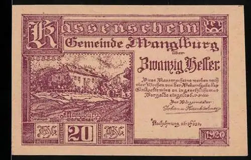 Notgeld Manglburg 1920, 20 Heller, malerische Landschaft und dekorative Schriftzüge