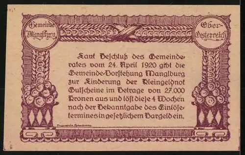 Notgeld Manglburg 1920, 20 Heller, malerische Landschaft und dekorative Schriftzüge