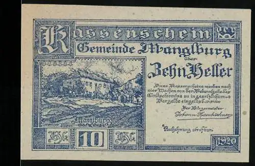 Notgeld Manglburg 1920, 10 Heller, Gebäudeansicht und dekorative Umrahmung