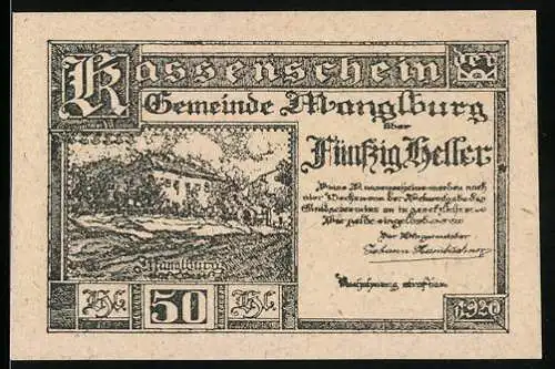 Notgeld Manglburg 1920, 50 Heller, Landschaftsmotiv mit Gebäude, Gemeindeankündigungstext