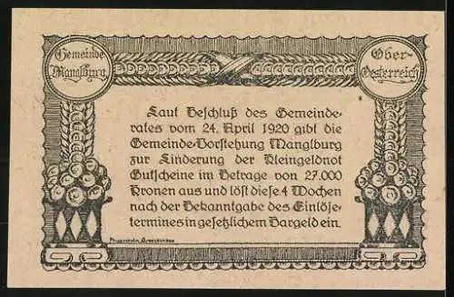 Notgeld Manglburg 1920, 50 Heller, Landschaftsmotiv mit Gebäude, Gemeindeankündigungstext