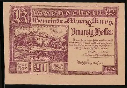 Notgeld Manglburg 1920, 20 Heller, Ansicht von Manglburg, florale Ornamente