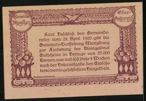 Notgeld Manglburg 1920, 20 Heller, Ansicht von Manglburg, florale Ornamente