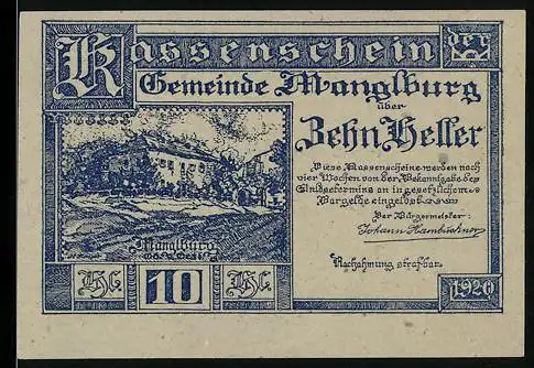 Notgeld Manglburg 1920, 10 Heller, Landschaftsmotiv mit Gebäuden, Gemeindebeschlusstext