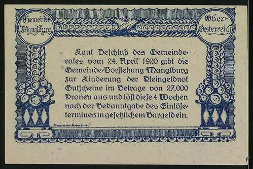 Notgeld Manglburg 1920, 10 Heller, Landschaftsmotiv mit Gebäuden, Gemeindebeschlusstext