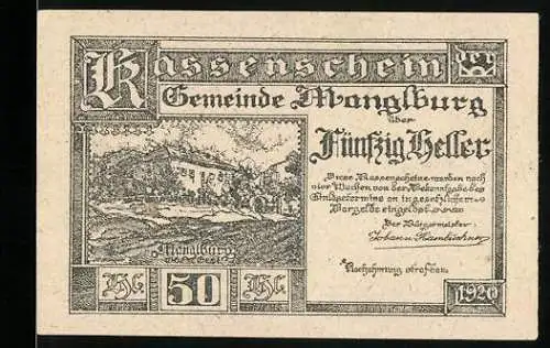 Notgeld Manglburg 1920, 50 Heller, Landschaft mit Gebäude und dekorativer Rahmen