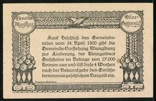 Notgeld Manglburg 1920, 50 Heller, Landschaft mit Gebäude und dekorativer Rahmen