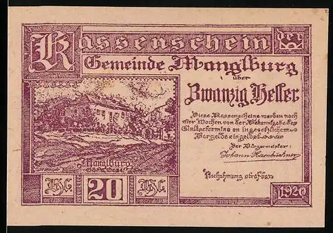 Notgeld Manglburg 1920, 20 Heller, Illustration eines Dorfes und Text zur Ausgabe von Gutscheinen