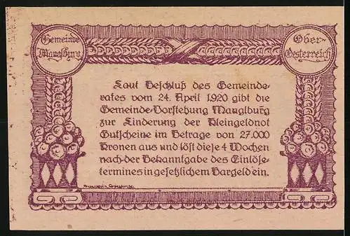 Notgeld Manglburg 1920, 20 Heller, Illustration eines Dorfes und Text zur Ausgabe von Gutscheinen