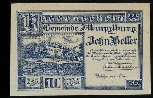 Notgeld Manglburg 1920, 10 Heller, Gebäude mit Landschaft und Verzierungen