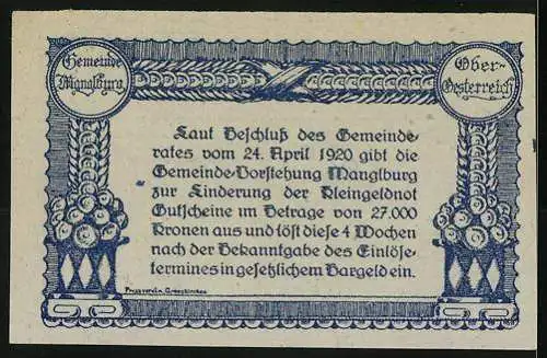 Notgeld Manglburg 1920, 10 Heller, Gebäude mit Landschaft und Verzierungen