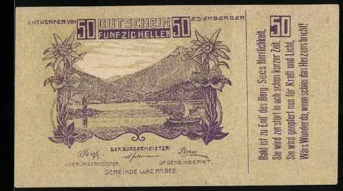 Notgeld Lunz am See 1920, 50 Heller, Bergsee-Motiv mit Edelweiss-Dekor und Schriftzug