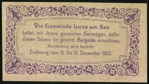 Notgeld Lunz am See 1920, 50 Heller, Bergsee-Motiv mit Edelweiss-Dekor und Schriftzug