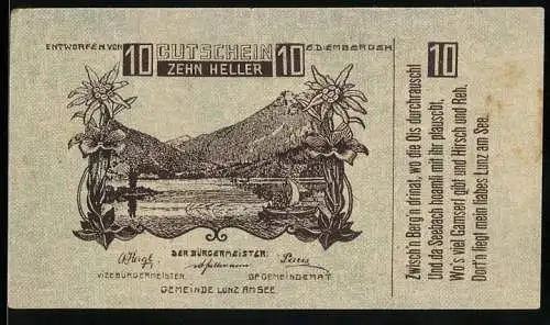 Notgeld Lunz am See 1920, 10 Heller, Berg- und Seelandschaft mit Edelweiss-Ornamenten