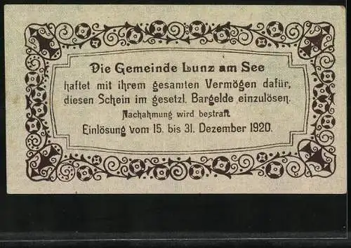 Notgeld Lunz am See 1920, 10 Heller, Berg- und Seelandschaft mit Edelweiss-Ornamenten