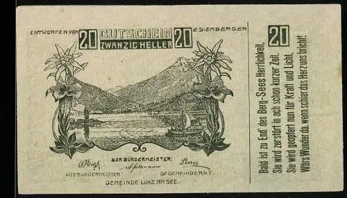 Notgeld Lunz am See 1920, 20 Heller, Bergsee-Motiv mit Gedicht und floraler Umrandung