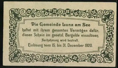 Notgeld Lunz am See 1920, 20 Heller, Bergsee-Motiv mit Gedicht und floraler Umrandung