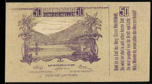 Notgeld Lunz am See 1920, 50 Heller, Bergsee mit Edelweiss und Blumendekor, Ausgabe bis 31. Dezember 1920