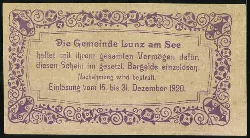 Notgeld Lunz am See 1920, 50 Heller, Bergsee mit Edelweiss und Blumendekor, Ausgabe bis 31. Dezember 1920