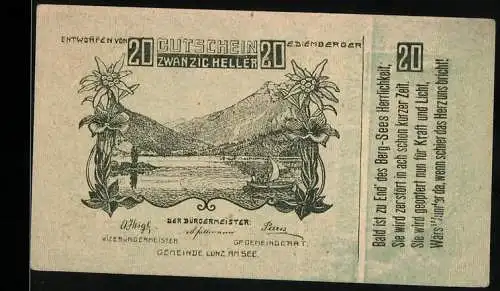 Notgeld Lunz am See 1920, 20 Heller, Seelandschaft mit Edelweiss und poetischem Text