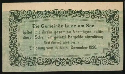 Notgeld Lunz am See 1920, 20 Heller, Seelandschaft mit Edelweiss und poetischem Text