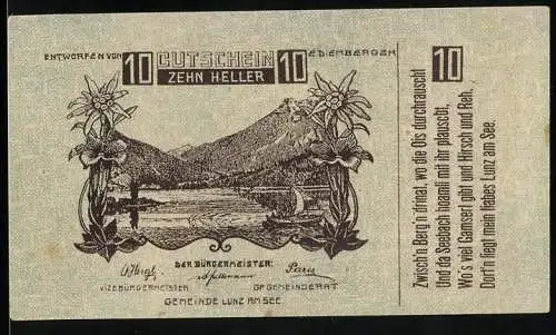 Notgeld Lunz am See 1920, 10 Heller, Berglandschaft mit Segelboot und Edelweissranken