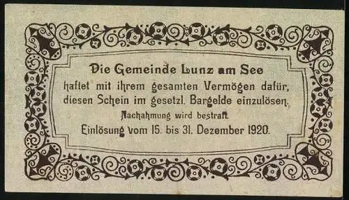 Notgeld Lunz am See 1920, 10 Heller, Berglandschaft mit Segelboot und Edelweissranken