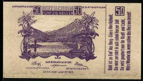 Notgeld Lunz am See 1920, 50 Heller, Seelandschaft mit Edelweiss und Gedicht