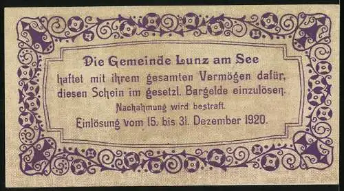 Notgeld Lunz am See 1920, 50 Heller, Seelandschaft mit Edelweiss und Gedicht