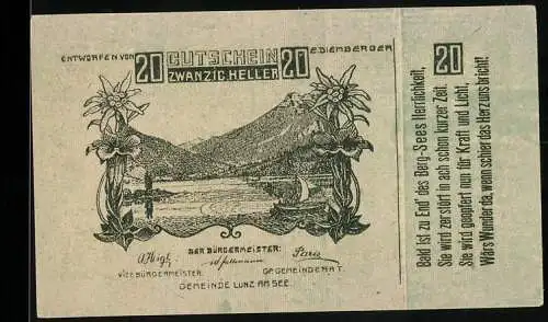 Notgeld Lunz am See 1920, 20 Heller, Bergsee mit Blumenornamenten und Gedicht