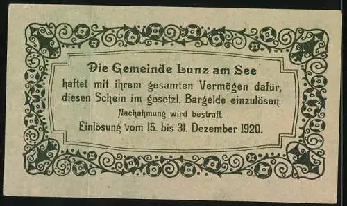 Notgeld Lunz am See 1920, 20 Heller, Bergsee mit Blumenornamenten und Gedicht