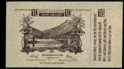 Notgeld Lunz am See 1920, 10 Heller, Berglandschaft mit Blumenmotiven und Gedicht