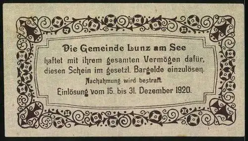 Notgeld Lunz am See 1920, 10 Heller, Berglandschaft mit Blumenmotiven und Gedicht