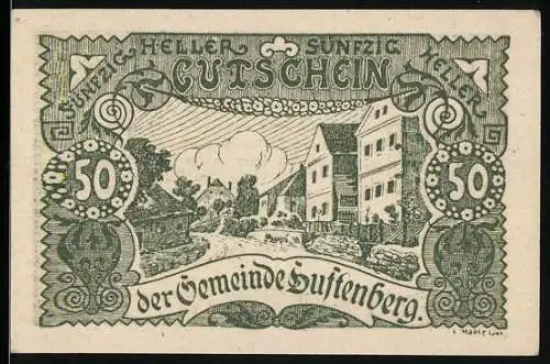 Notgeld Luftenberg 1920, 50 Heller, Dorfansicht und dekorativer Textumrahmung