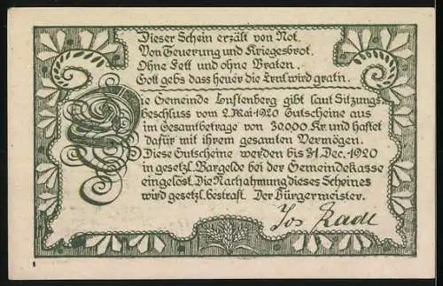 Notgeld Luftenberg 1920, 50 Heller, Dorfansicht und dekorativer Textumrahmung