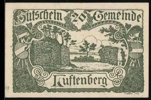 Notgeld Luftenberg 1920, 20 Heller, Ruinenlandschaft und dekorative Schriftzüge