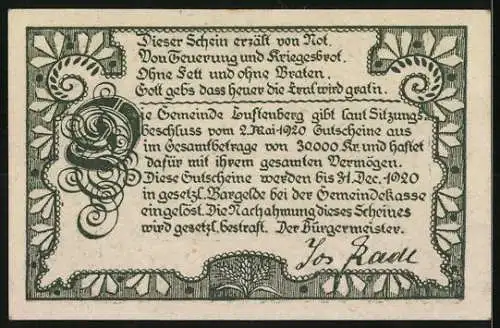 Notgeld Luftenberg 1920, 20 Heller, Ruinenlandschaft und dekorative Schriftzüge