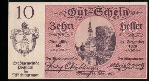 Notgeld Pöchlarn 1920, 10 Heller, Stadtansicht und Wappen