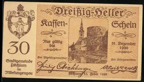 Notgeld Pöchlarn 1920, 30 Heller, Stadtansicht mit Kirche und Burgruine, Wappen, Unterschriften