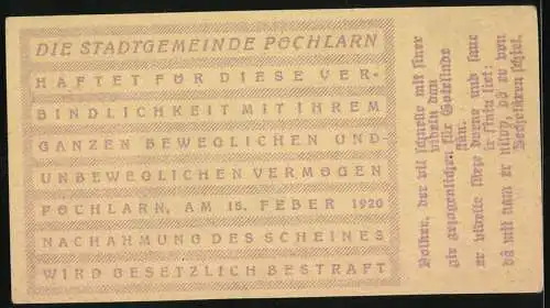 Notgeld Pöchlarn 1920, 30 Heller, Stadtansicht mit Kirche und Burgruine, Wappen, Unterschriften