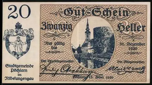 Notgeld Pöchlarn 1920, 20 Heller, Stadtansicht mit Kirche und Burgruine, Wappen und Unterschriften