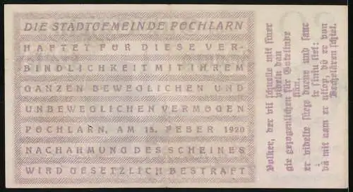 Notgeld Pöchlarn 1920, 20 Heller, Stadtansicht mit Kirche und Burgruine, Wappen und Unterschriften