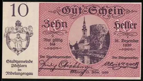 Notgeld Pöchlarn 1920, 10 Heller, Stadtansicht mit Kirche und Turm, Wappen vorhanden