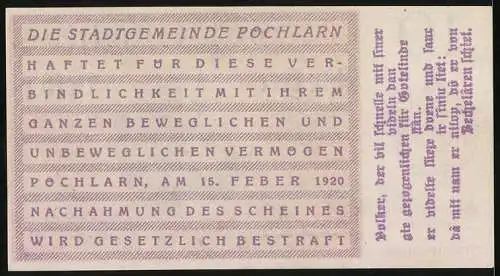 Notgeld Pöchlarn 1920, 10 Heller, Stadtansicht mit Kirche und Turm, Wappen vorhanden