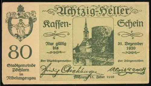 Notgeld Pöchlarn 1920, 80 Heller, Stadtansicht mit Kirche und Ruine, Wappen der Stadt, Seriennummer vorhanden