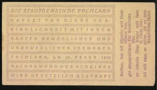 Notgeld Pöchlarn 1920, 80 Heller, Stadtansicht mit Kirche und Ruine, Wappen der Stadt, Seriennummer vorhanden