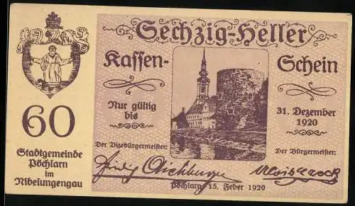 Notgeld Pöchlarn 1920, 60 Heller, Burgruine und Kirche, Wappen, Unterschriften