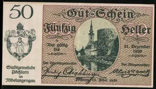 Notgeld Pöchlarn 1920, 50 Heller, Stadtansicht mit Turm und Mauer, Stadtwappen links