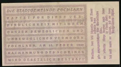 Notgeld Pöchlarn 1920, 50 Heller, Stadtansicht mit Turm und Mauer, Stadtwappen links