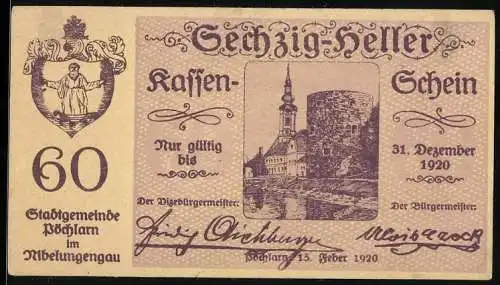 Notgeld Pöchlarn 1920, 60 Heller, Stadtansicht mit Kirche und Burg, Wappen, Seriennummer vorhanden